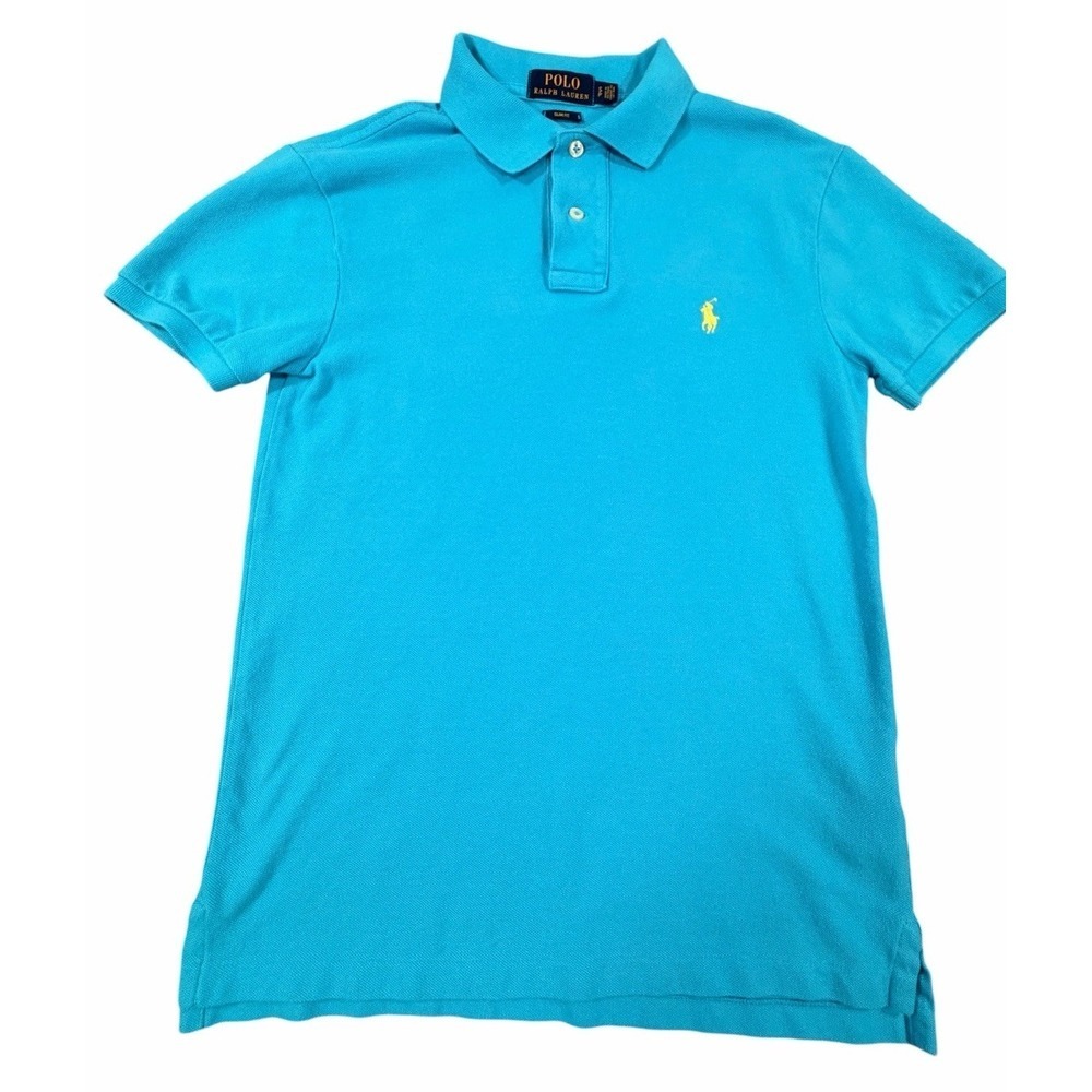 Polo Ralph Lauren Boys XL 18-20 Slim Fit Mesh Polo Shirt Blue Yellow Pony